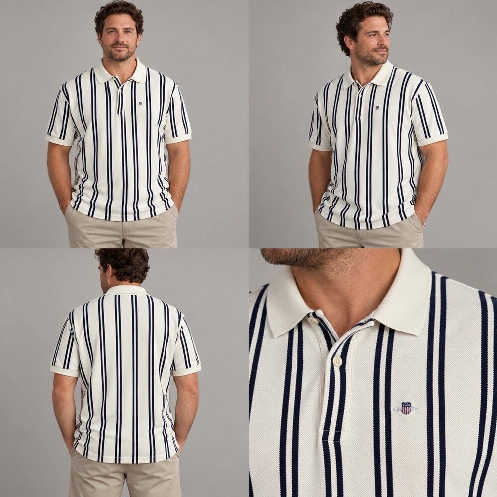 GANT Polo Shirt Mens XXL White Navy Vertical Stripe Cotton Short Sleeve USA Logo